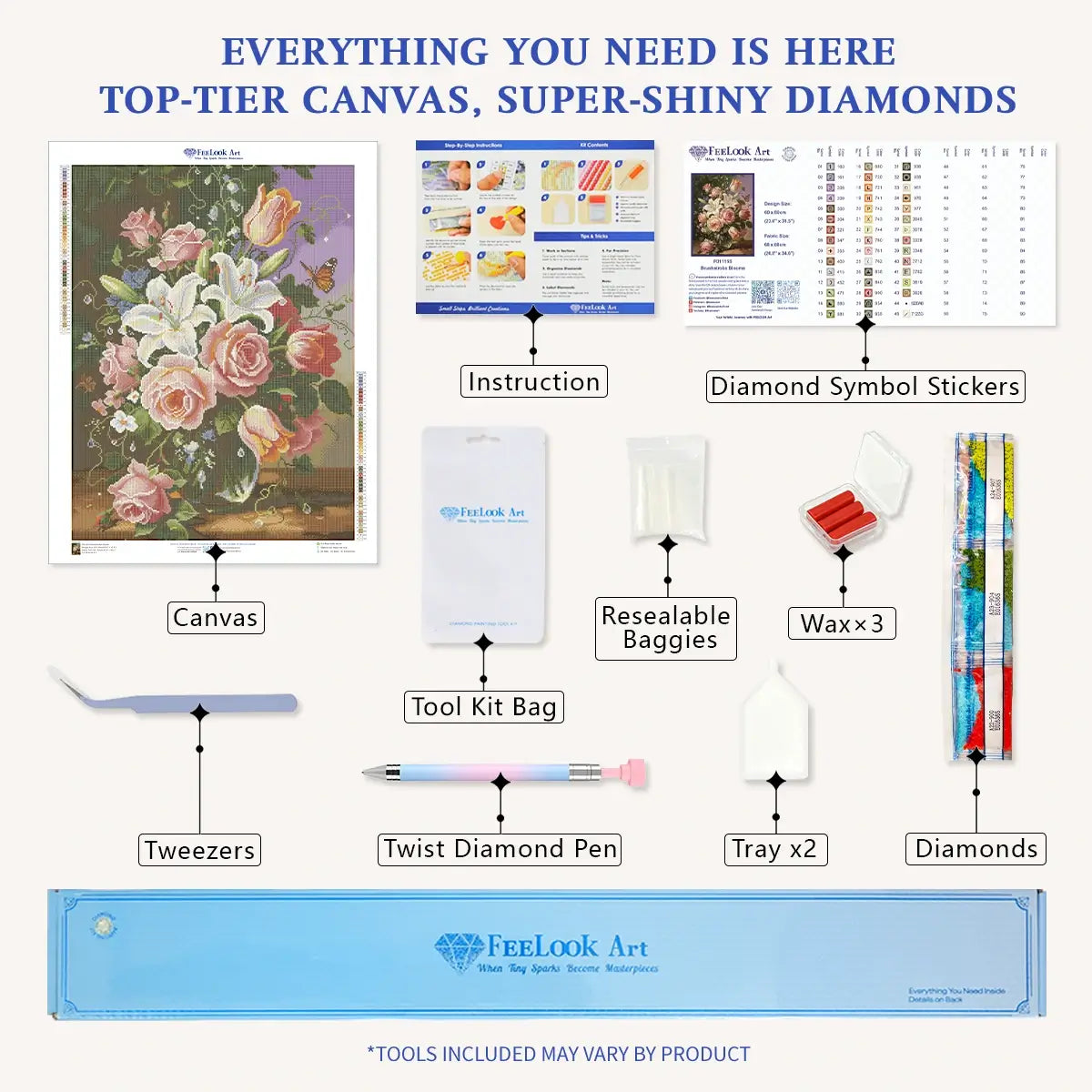 Brushstroke Blooms diamond painting kit with printed canvas, resin drills, AB drills and Fairy Dust Diamonds - FEELOOK Art