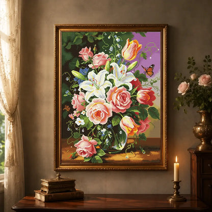 Brushstroke Blooms diamond painting kit displayed as romantic floral wall decor with roses and lilies - FEELOOK Art