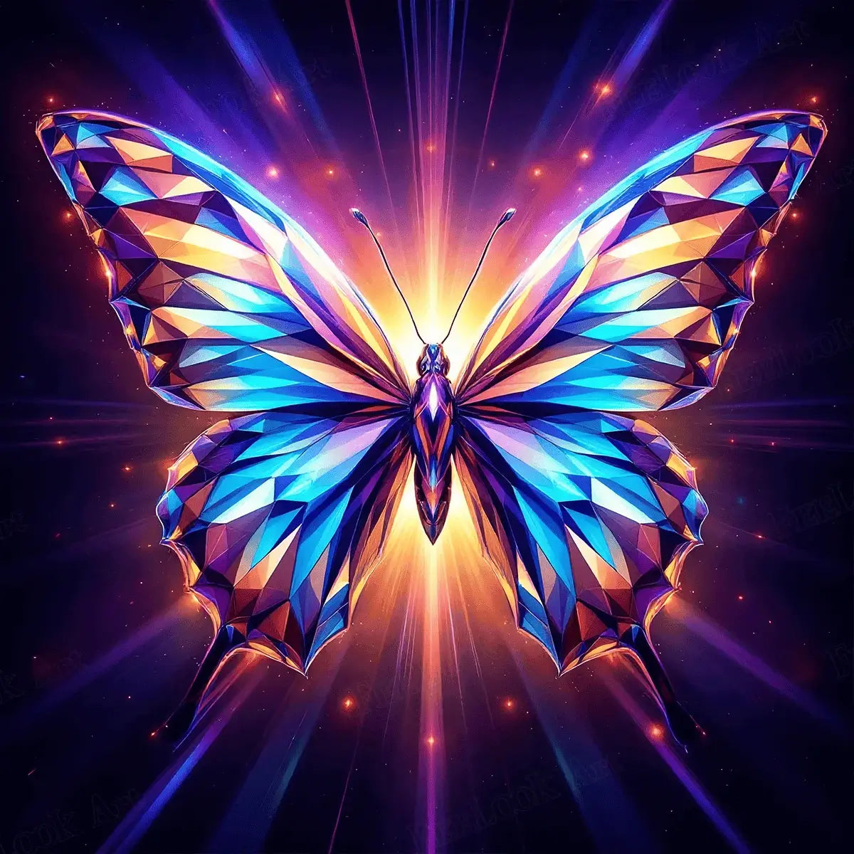 Butterfly 5D diamond painting kit with colorful geometric butterfly wings and glowing fantasy light burst - FEELOOK Art