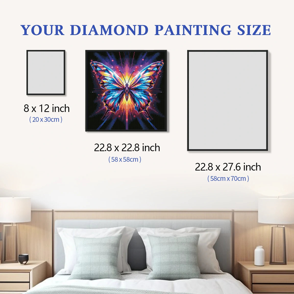 Butterfly 5D diamond painting size chart showing geometric butterfly artwork scale for wall decor - FEELOOK Art