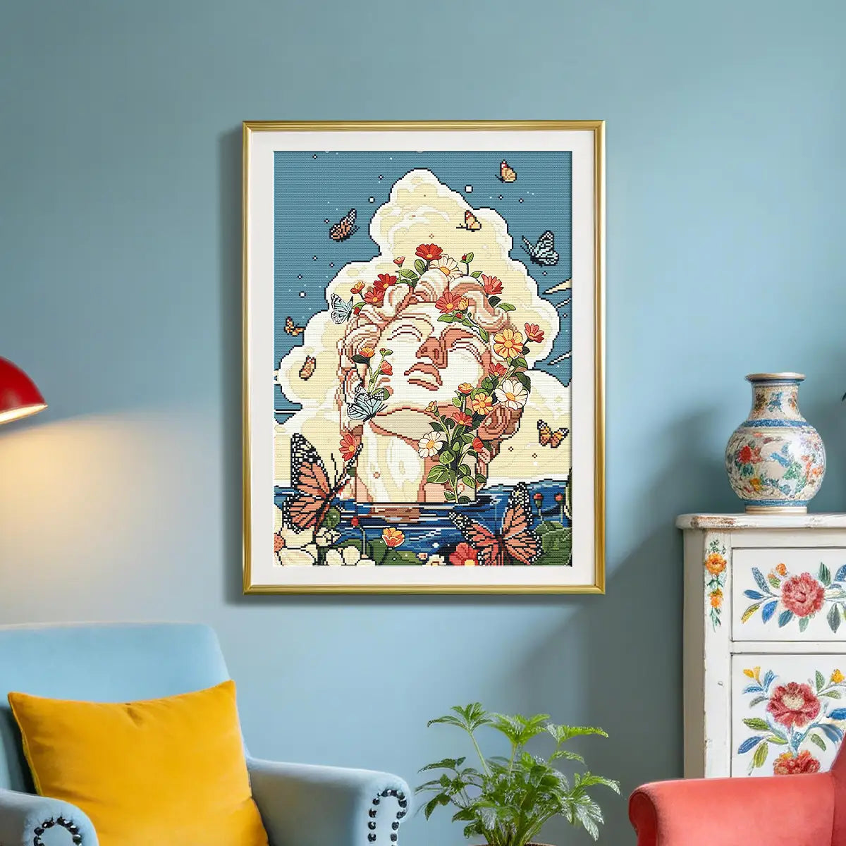 Butterfly Crown diamond painting lifestyle scene, elegant home decor with classical statue butterfly art - FEELOOK Art