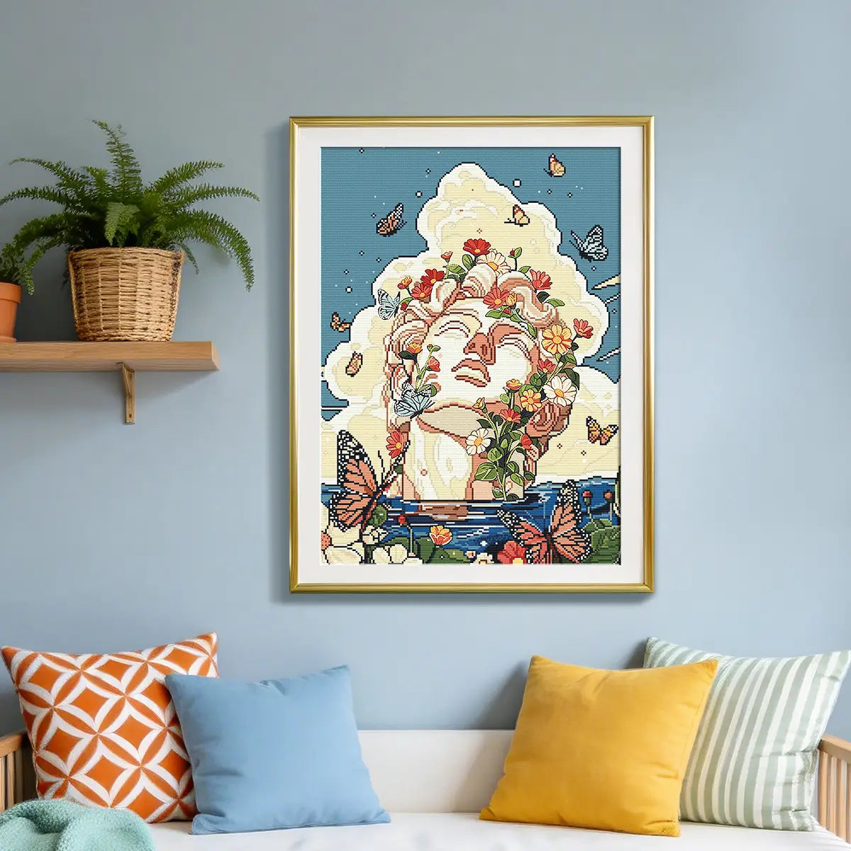 Butterfly Crown diamond painting lifestyle scene, elegant home decor with classical statue butterfly art - FEELOOK Art