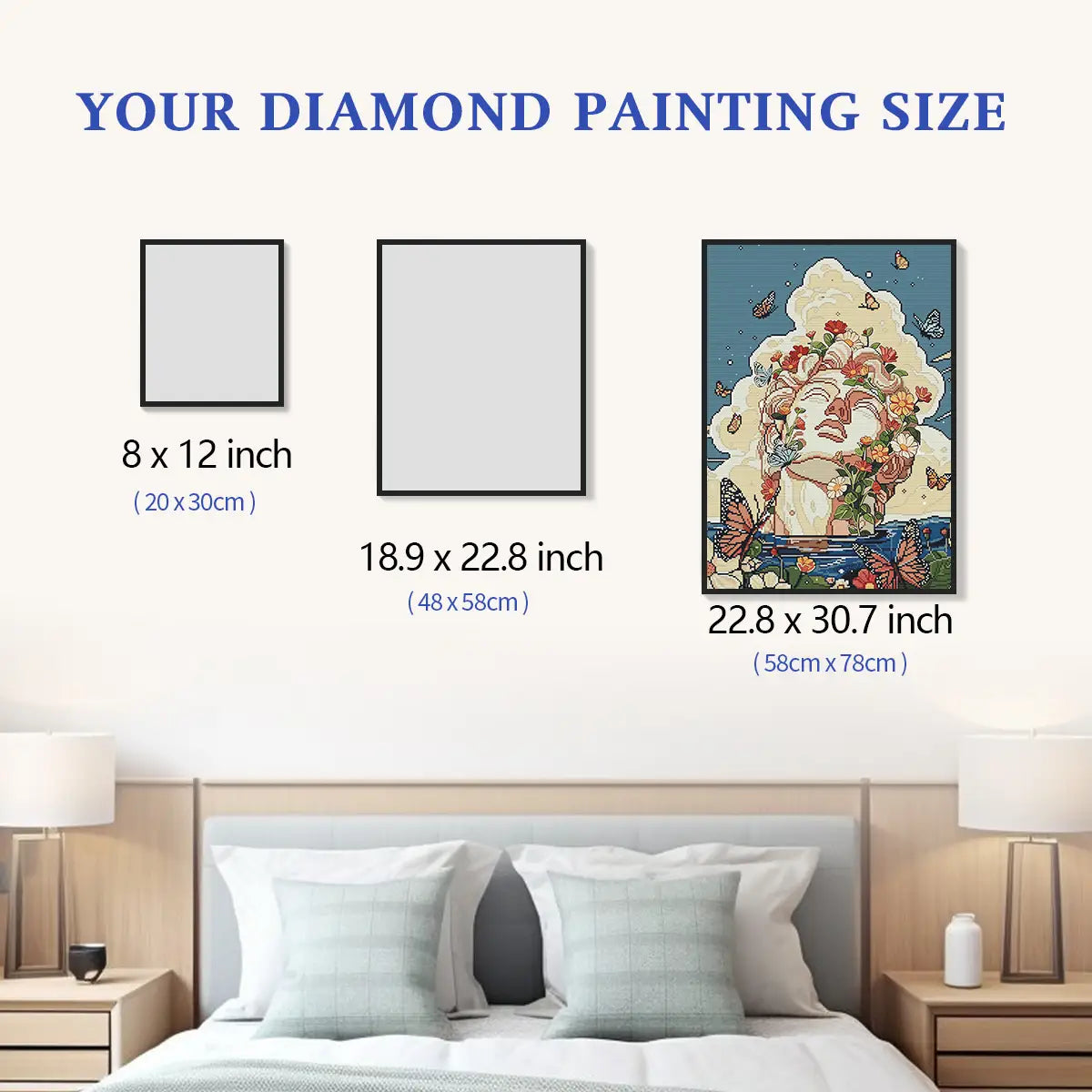 Butterfly Crown diamond painting size comparison chart, standard and custom size reference for DIY craft - FEELOOK Art