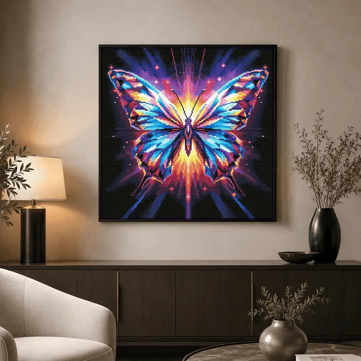 Butterfly diamond painting kit displayed as glowing fantasy wall art with vibrant neon colors - FEELOOK Art