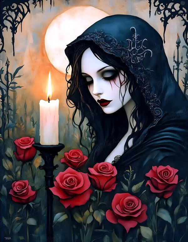 Candlelight and Roses diamond painting with a gothic muse, glowing candle, and crimson roses - FEELOOK Art
