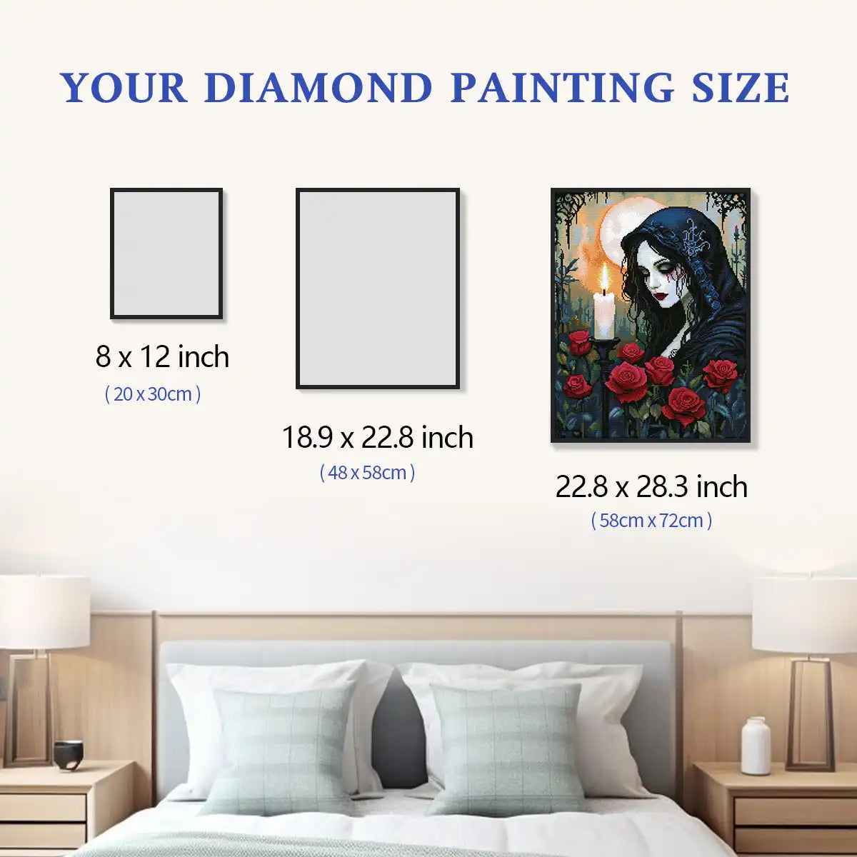 Candlelight and Roses 5D diamond painting size chart showing the gothic rose artwork in multiple display sizes - FEELOOK Art