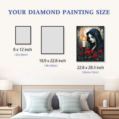 Candlelight and Roses 5D diamond painting size chart showing the gothic rose artwork in multiple display sizes - FEELOOK Art