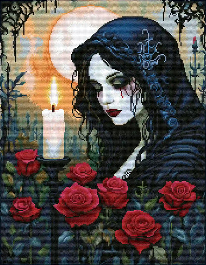 Finished Candlelight and Roses diamond art kit sparkling with round resin drills, gothic beauty and rich red roses - FEELOOK Art