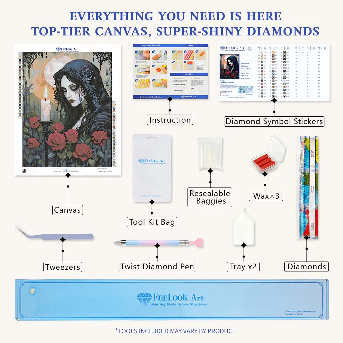 Candlelight and Roses diamond painting kit with printed canvas, tools and beginner-friendly round resin drills - FEELOOK Art
