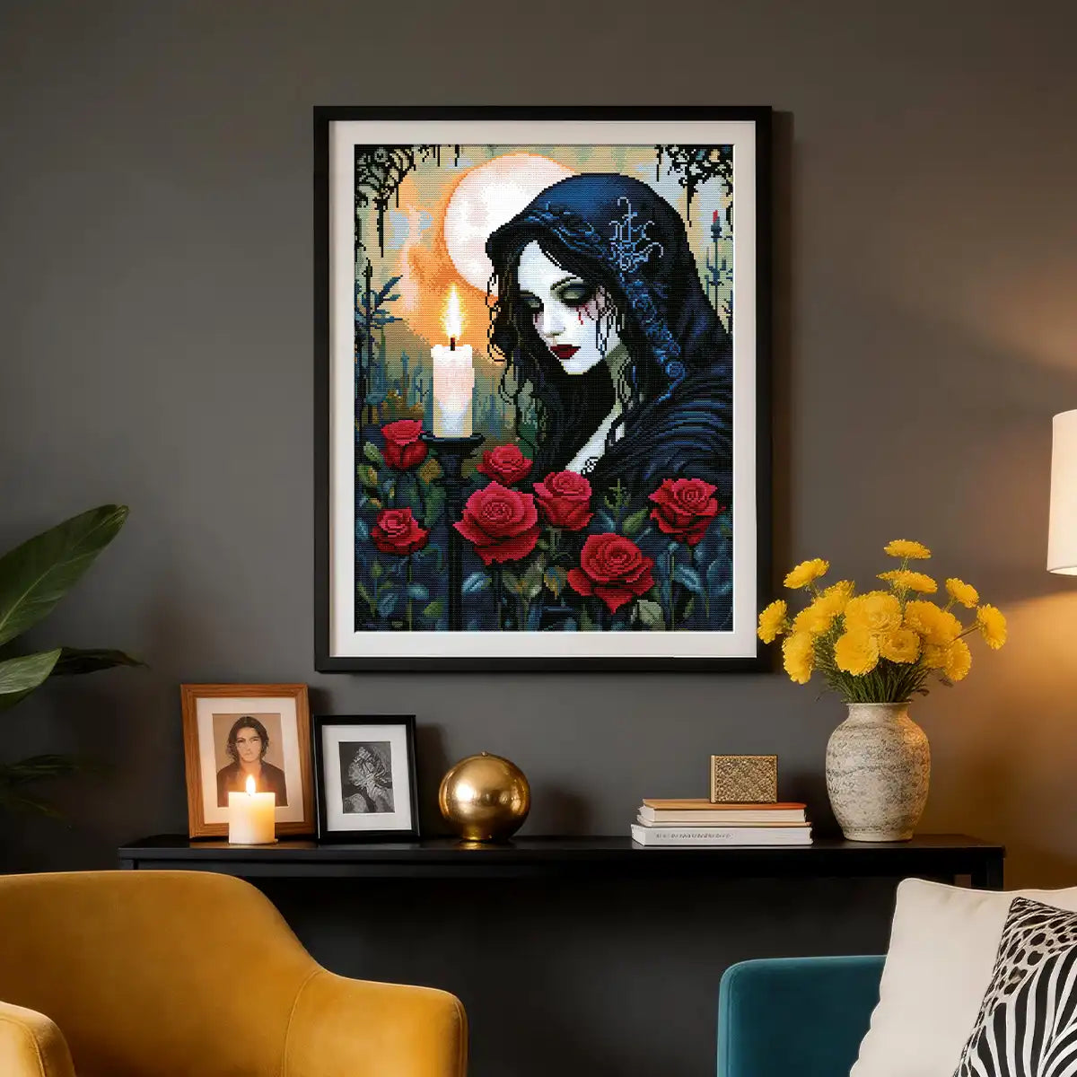 Candlelight and Roses diamond painting kit displayed as dark romantic wall decor in a bedroom or studio - FEELOOK Art