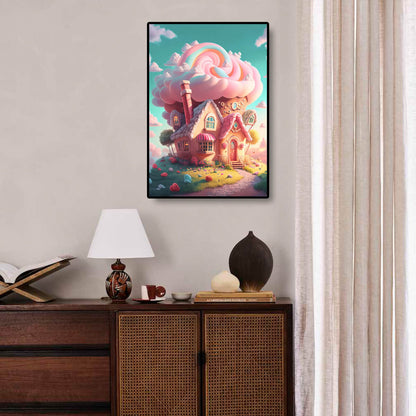 Candy House diamond painting displayed in a playful, dreamy room setting.