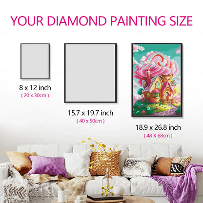 Candy House diamond art size guide shown on a room wall display.