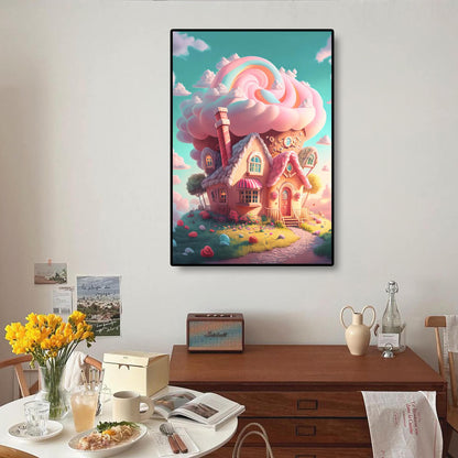 Candy House diamond painting on wall, adding a whimsical touch to any room.