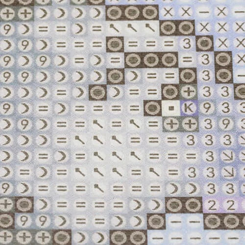 Close-up of high-definition printed symbols on FEELOOK Art flocked diamond painting canvas for easy and accurate diamond placement