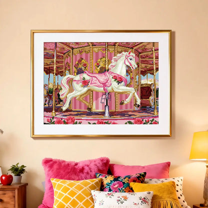 Elegant carousel horse diamond art framed on a cozy bedroom wall - FEELOOK Art