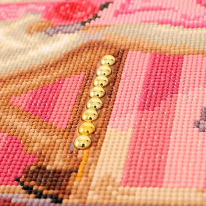 Closeup of Carousel Horse diamond painting showing sparkling diamond drills and detailed pink design - FEELOOK Art