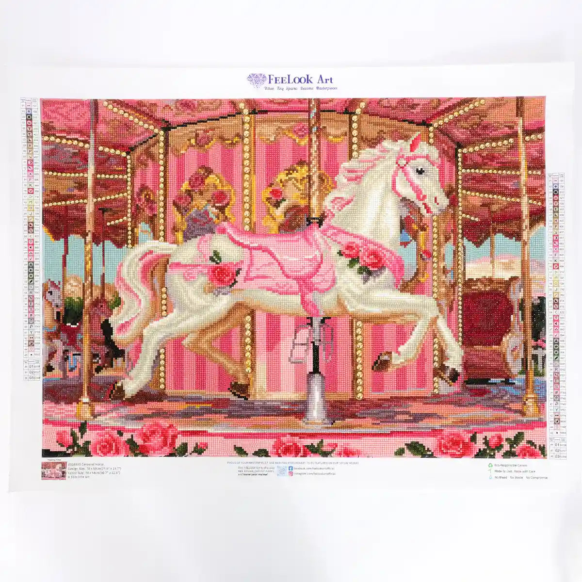 Finished  Carousel Horse diamond painting artwork, showcasing full diamond art details and vibrant pink design - FEELOOK Art