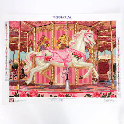 Finished  Carousel Horse diamond painting artwork, showcasing full diamond art details and vibrant pink design - FEELOOK Art