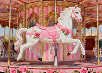 A white carousel horse with pink roses and gold accents oil painting style - FEELOOK Art