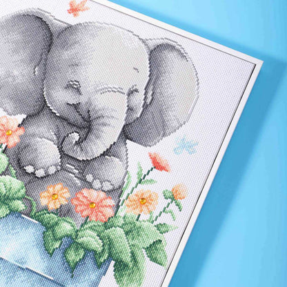 Close-up of Cheerful Elephant diamond painting kit, highlighting the intricate details of the elephant's face with sparkling diamond painting gems.