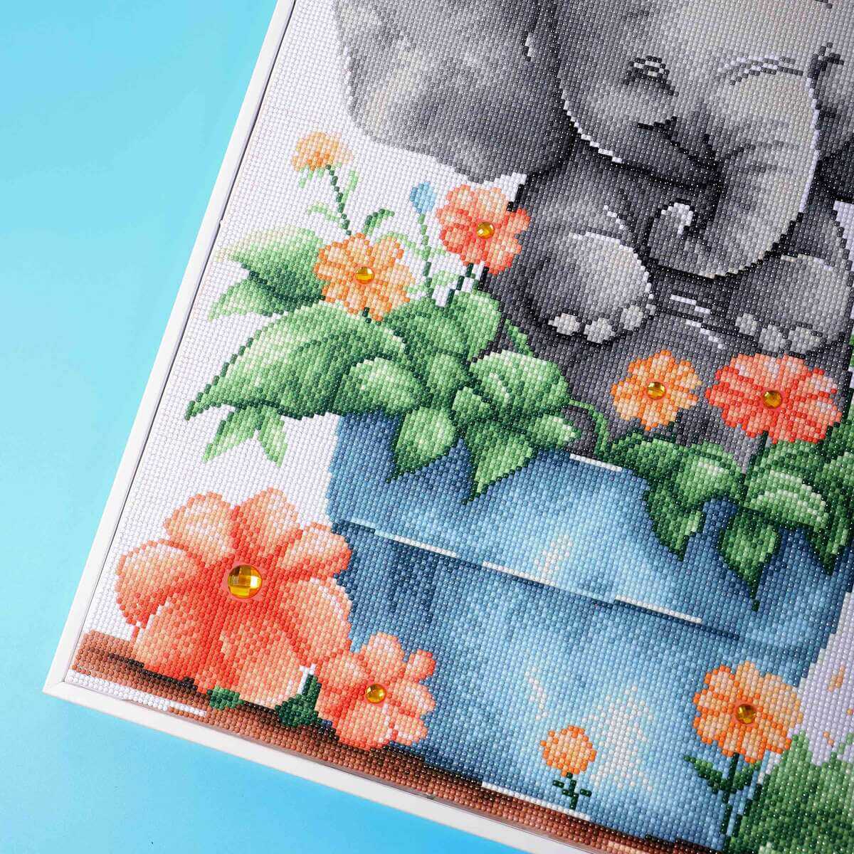 Close-up of Cheerful Elephant diamond painting kit, showcasing the colorful accents in the elephant's design brought to life by diamond painting gems.