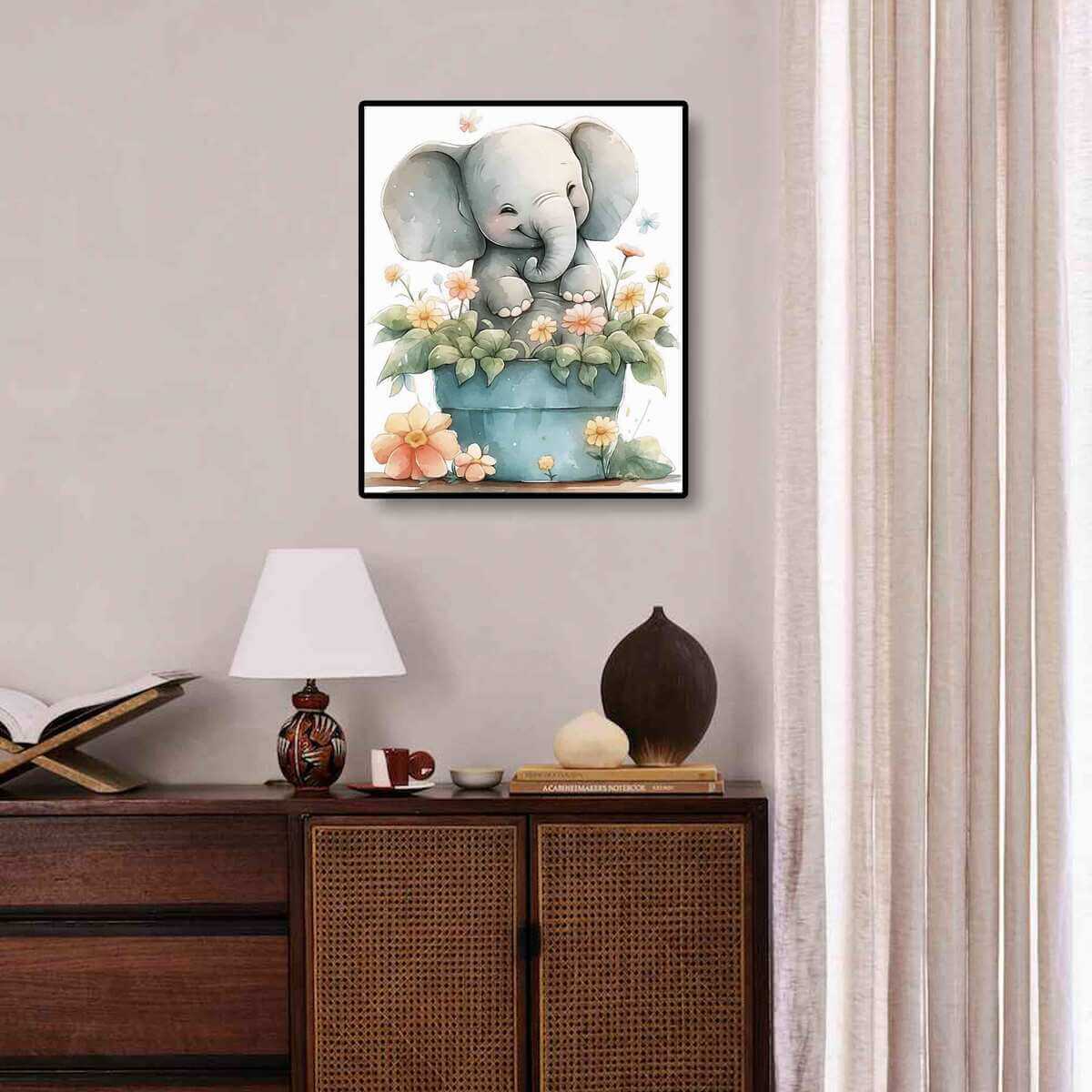 Cheerful Elephant diamond painting kit in a room, capturing the charm of the elephant design with sparkling diamond painting gems.
