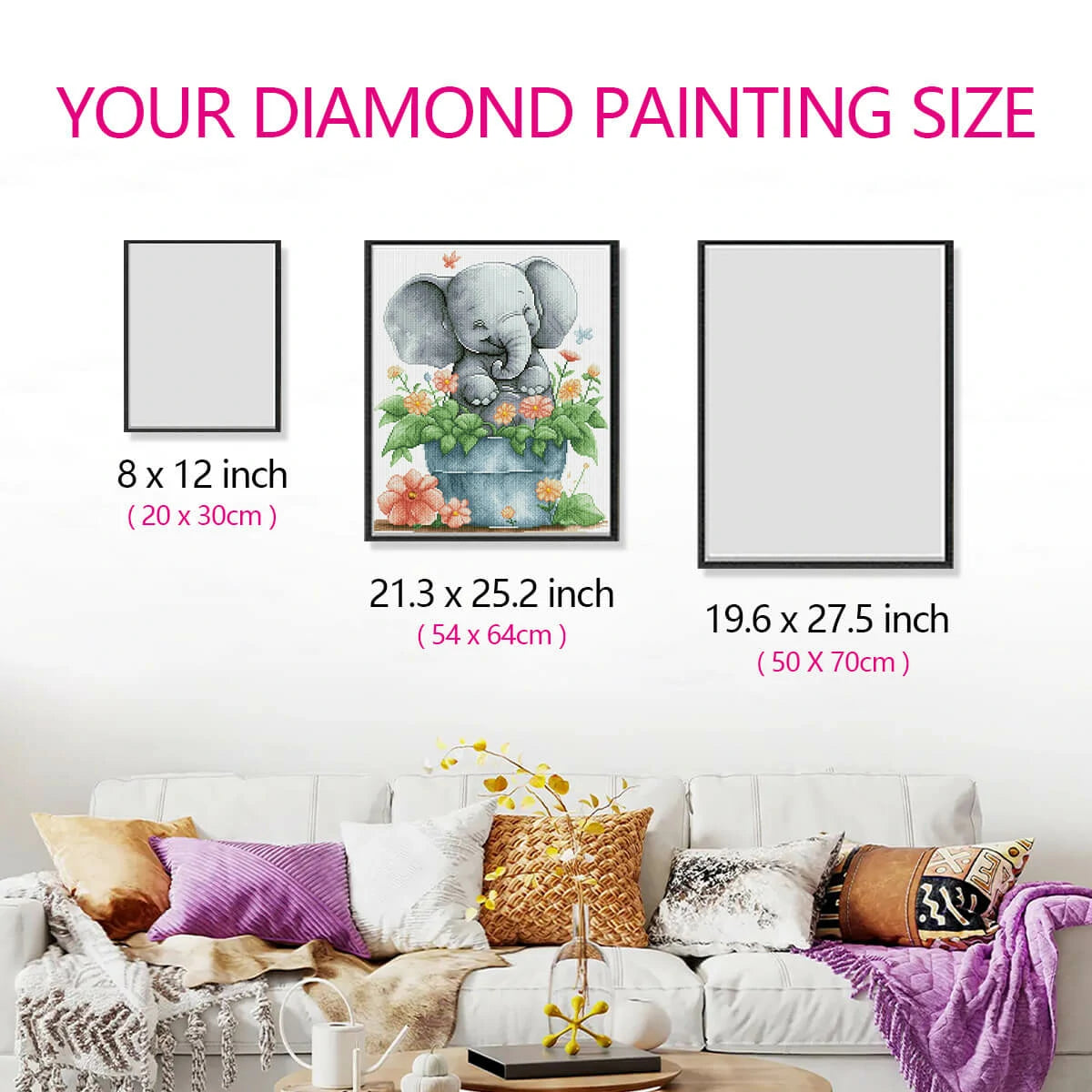 Size comparison for Cheerful Elephant diamond painting kit, showing how the artwork enhances any room with its playful design and diamond art gems.