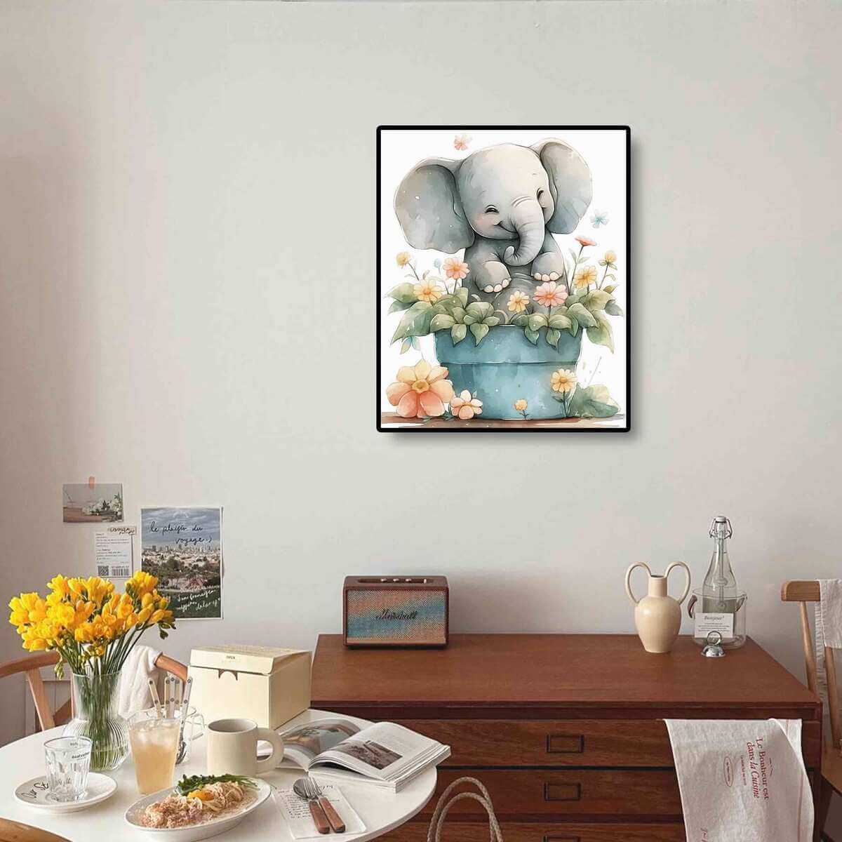 Cheerful Elephant diamond painting kit displayed as wall art, adding warmth and playfulness to the room with diamond painting gems.