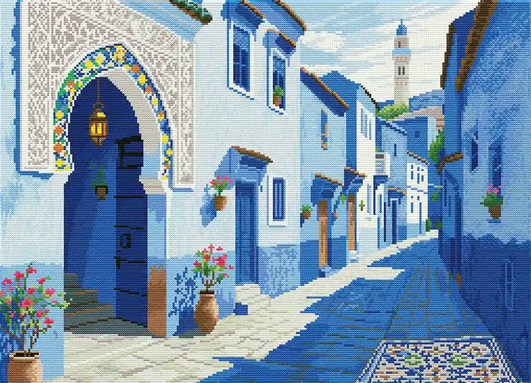 Finished Chefchaouen Blues diamond art showcasing intricate blue tones and sparkling detail of Moroccan architecture – FEELOOK Art