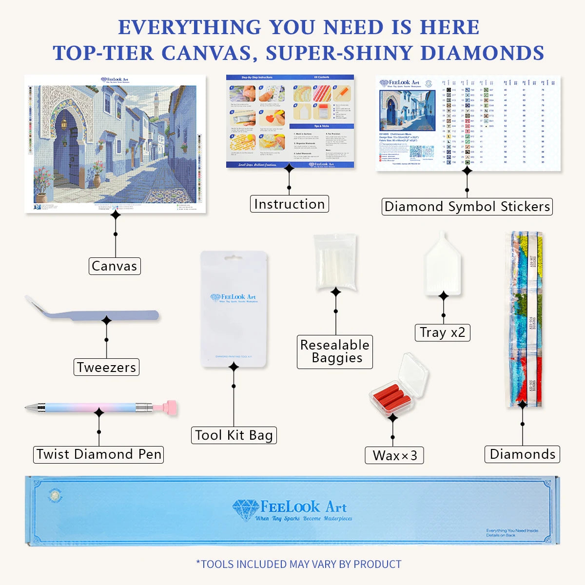 Diamond painting kit contents for Chefchaouen Blues including tray, pen, wax, and dazzling blue drills – FEELOOK Art