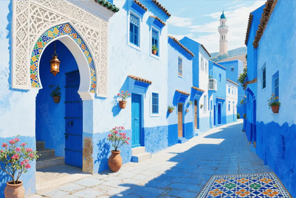 Chefchaouen Blues diamond painting featuring Morocco’s iconic blue streets with white walls and vibrant tiles – FEELOOK Art