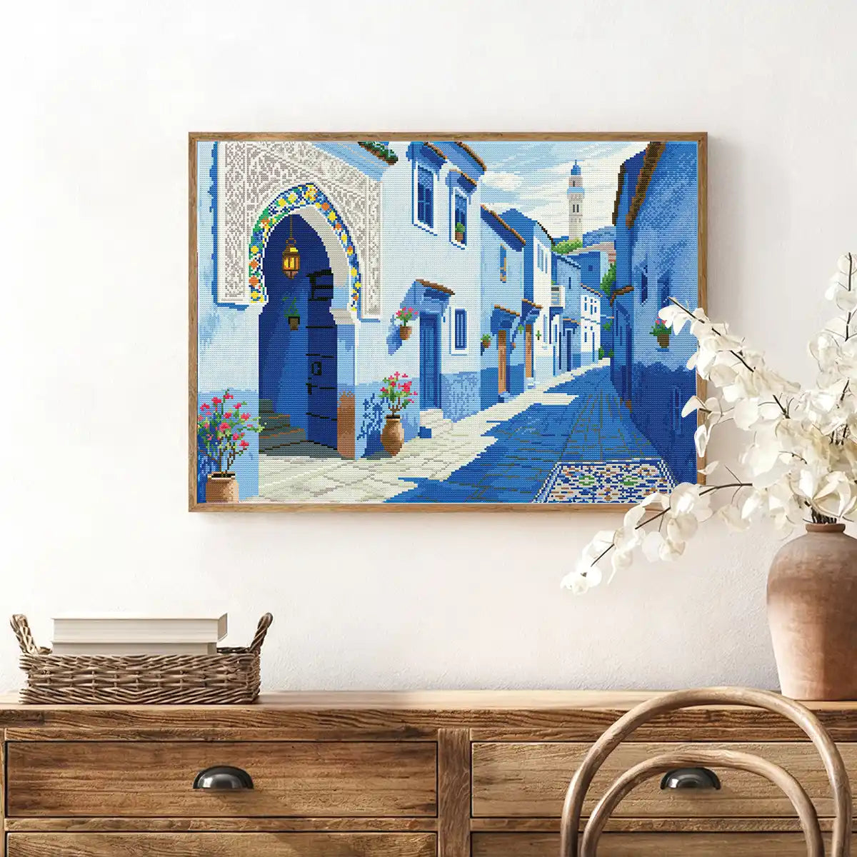 Chefchaouen Blues diamond painting displayed in a bright room, adding Moroccan charm and a touch of blue – FEELOOK Art