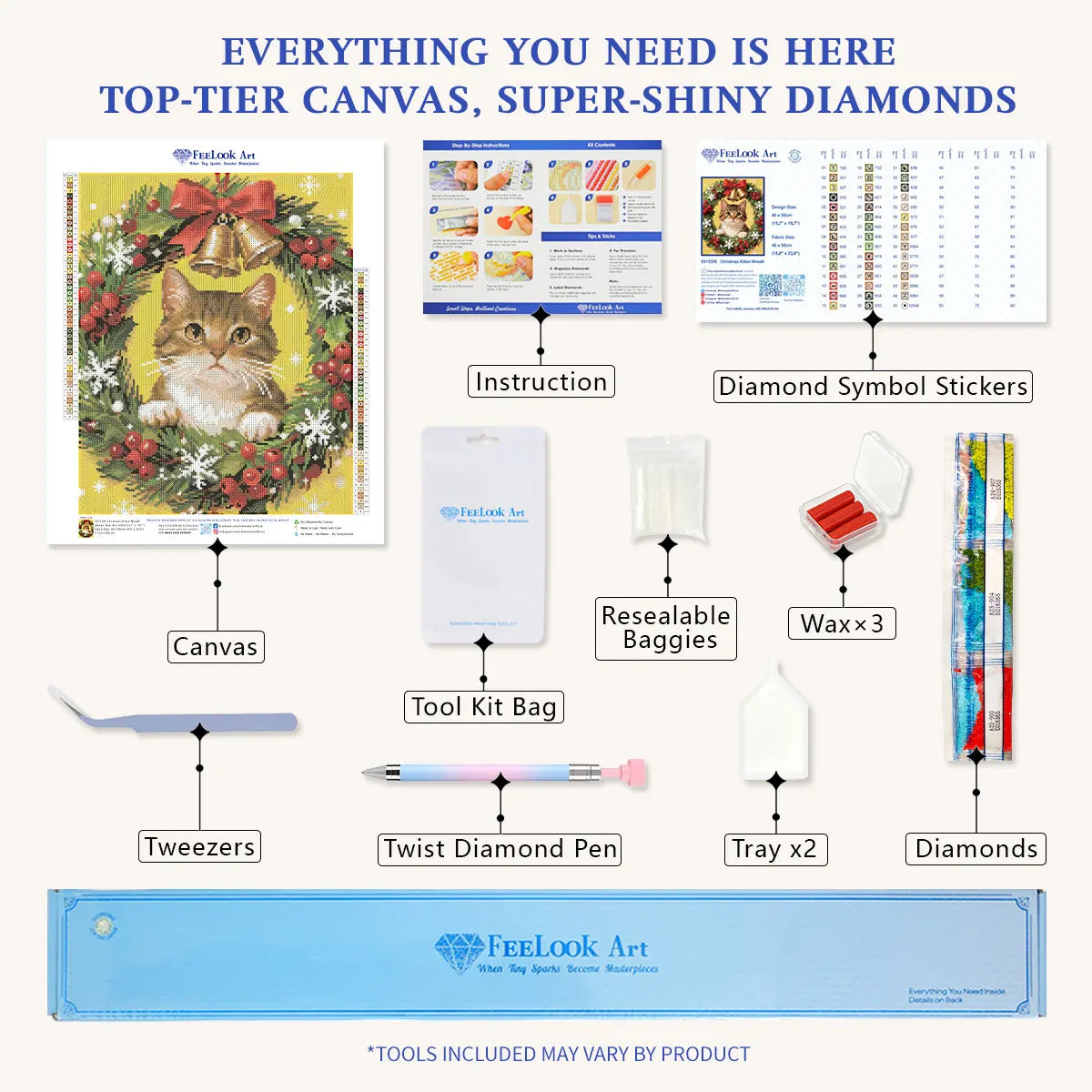 FEELOOK Art diamond painting kit with all included items displayed - FEELOOK Art