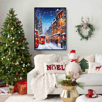 Christmas Street diamond painting in a living room, adding a joyful holiday spirit to your home decor.