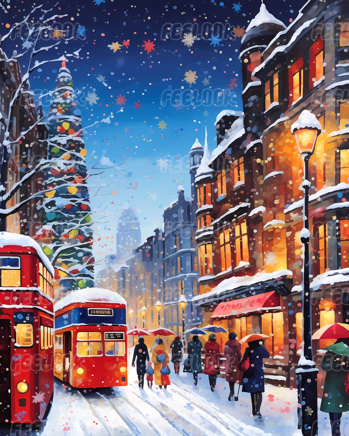 Christmas Street diamond painting kit featuring a festive holiday street with colorful decorations and lights.