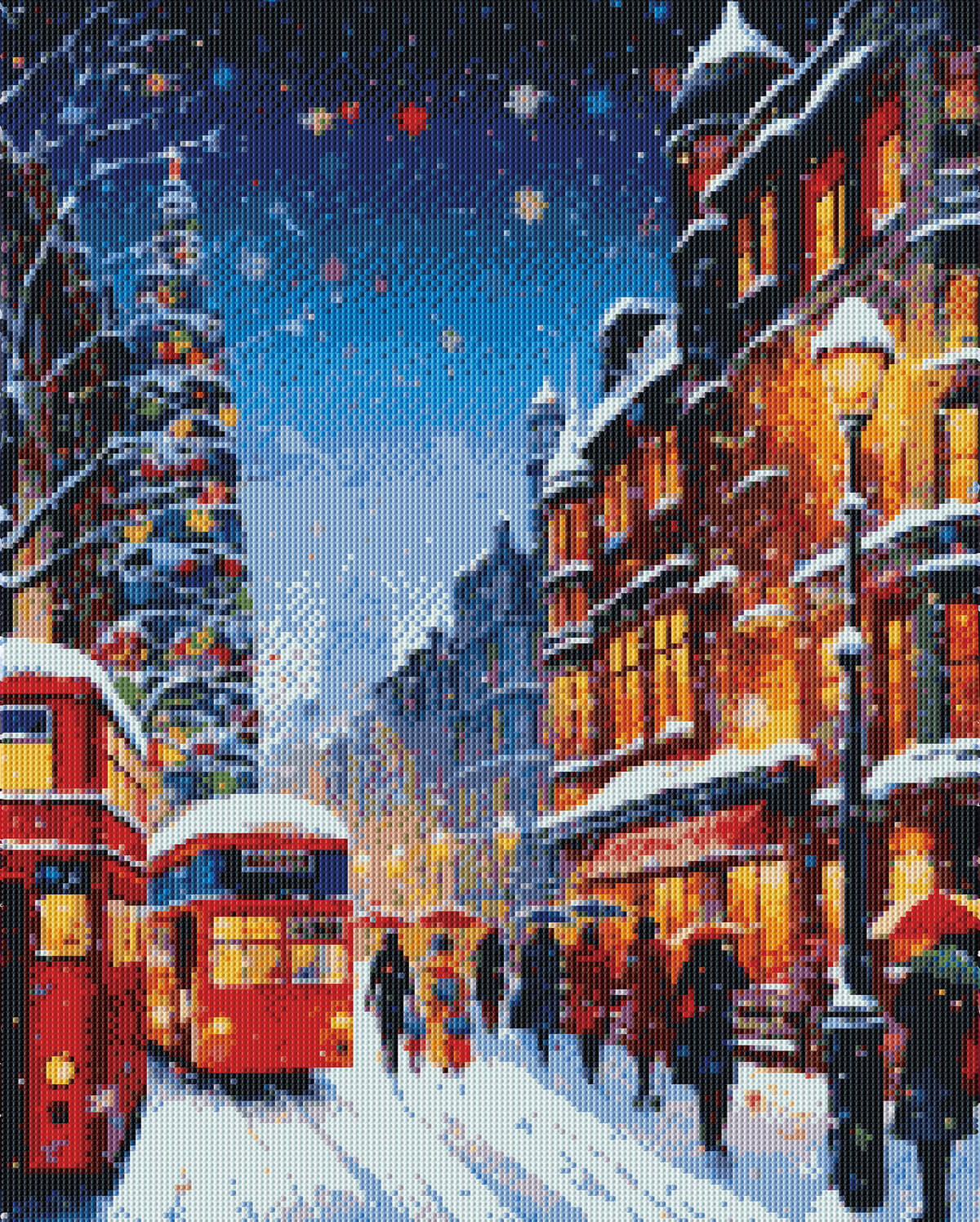 Rendered view of Christmas Street diamond painting, showcasing vibrant holiday lights and a cheerful street scene.