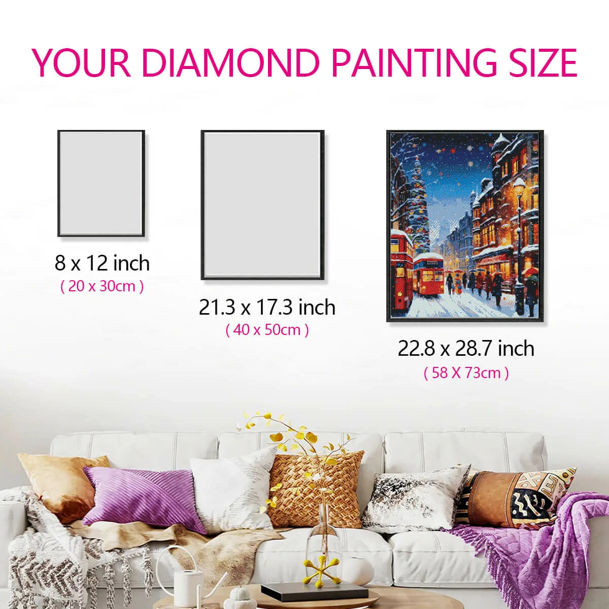 Christmas Street diamond painting size comparison, showing artwork proportions in a cozy holiday-themed room.