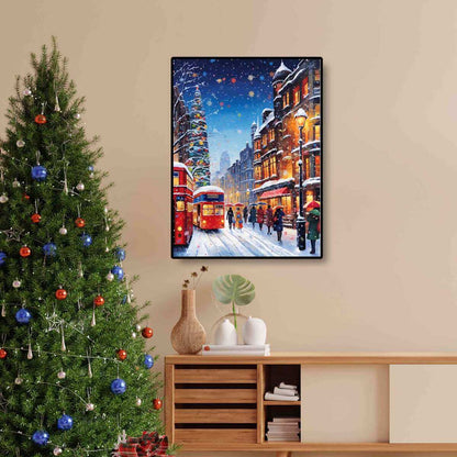 Christmas Street diamond painting displayed on the wall, bringing a festive and warm holiday atmosphere to your home.