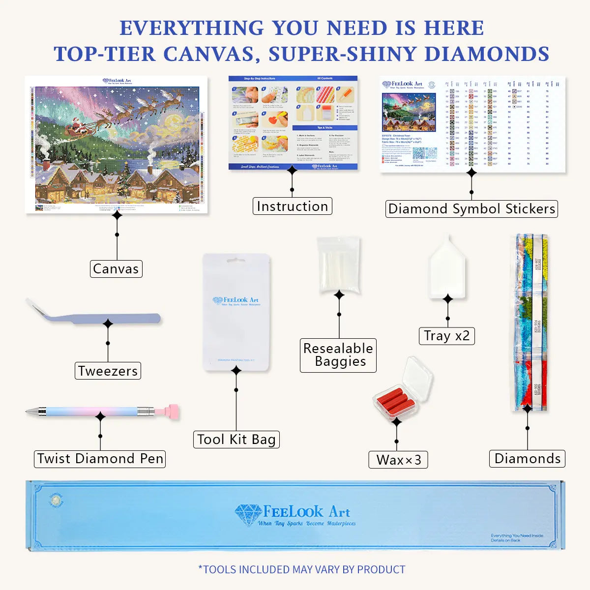 Diamond painting kit contents for Christmas Town including pen, tray, wax, and colorful resin drills – FEELOOK Art