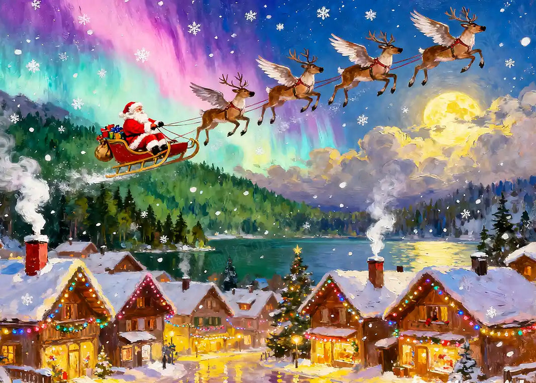 Christmas Town diamond painting featuring Santa’s sleigh flying over snowy village with reindeer and northern lights – FEELOOK Art