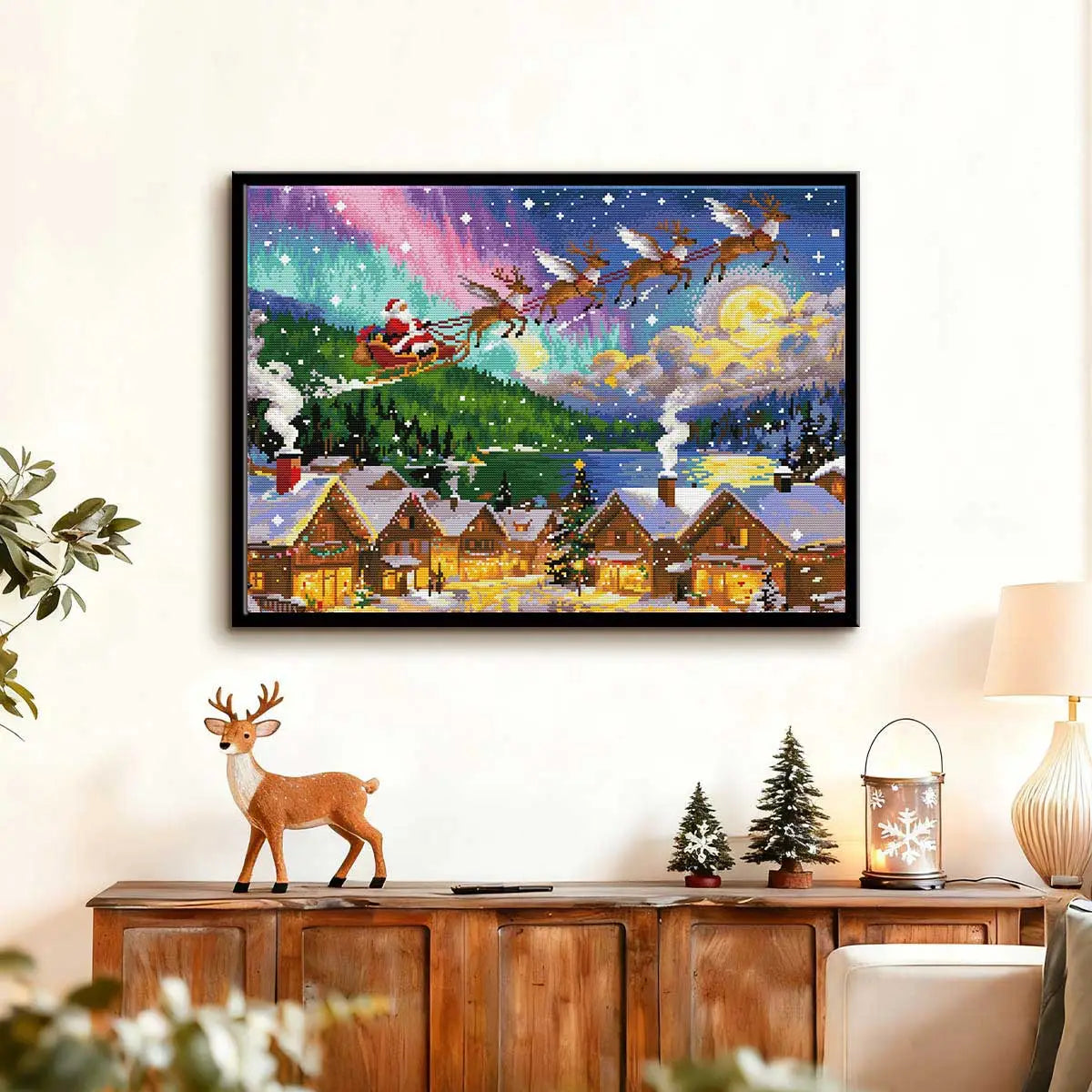 Christmas Town diamond painting displayed in a warm holiday home, adding magic and wonder to Christmas décor – FEELOOK Art