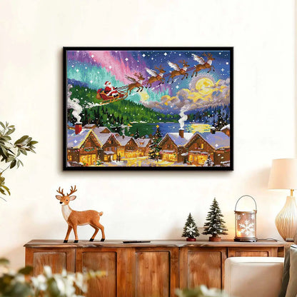 Christmas Town diamond painting displayed in a warm holiday home, adding magic and wonder to Christmas décor – FEELOOK Art