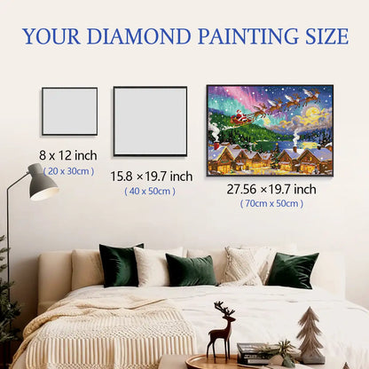 Christmas Town diamond painting framed on wall with size reference, perfect for festive décor comparison – FEELOOK Art
