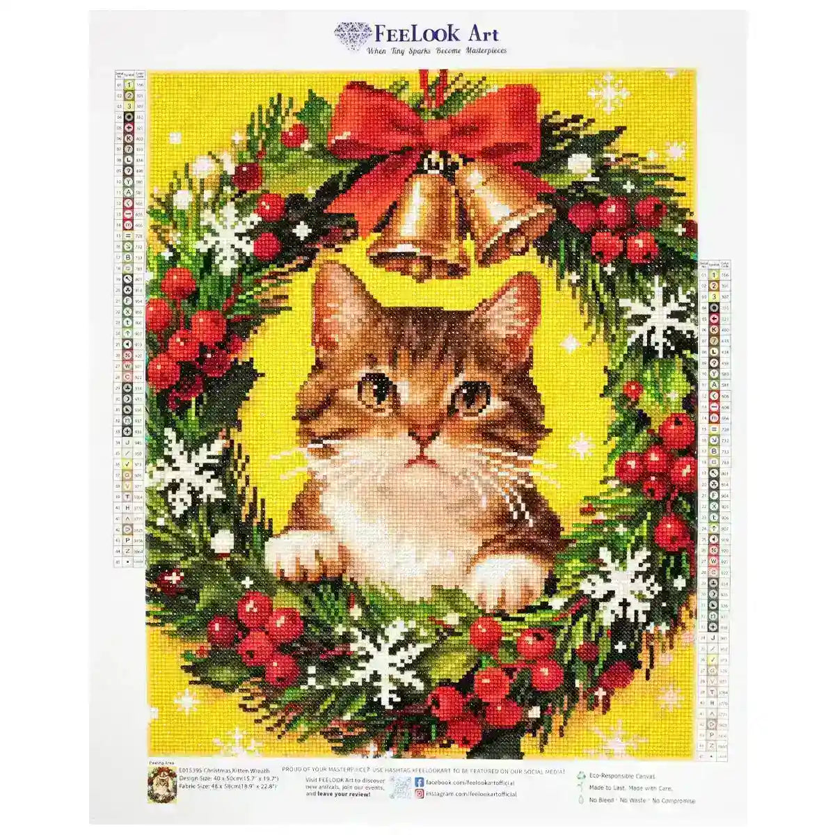 Christmas Kitten Wreath diamond painting with adorable kitten, holly wreath and festive holiday charm - FEELOOK Art