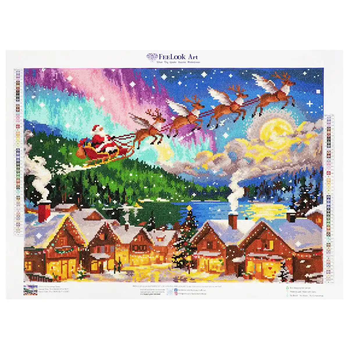 Christmas Town diamond painting of a magical snowy village under moonlight and Santa’s sleigh - FEELOOK Art