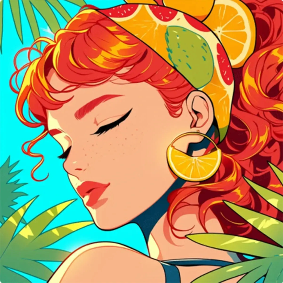 Citrus Muse full drill 5D diamond painting kit with tropical pop art portrait and citrus headscarf - FEELOOK Art
