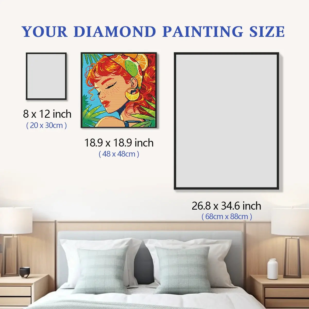 Citrus Muse 5D diamond painting size chart showing tropical citrus portrait scale for wall decor - FEELOOK Art