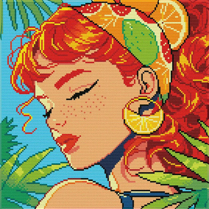 Finished Citrus Muse diamond painting with vivid red hair, citrus earrings and tropical pop art colors - FEELOOK Art