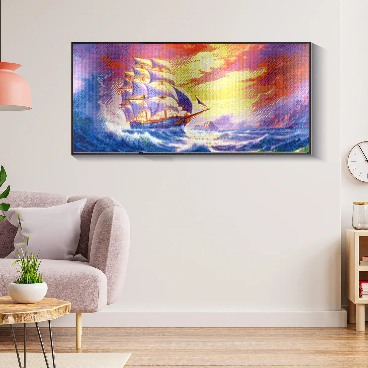 Nautical-themed clipper ship diamond painting displayed in modern living room.