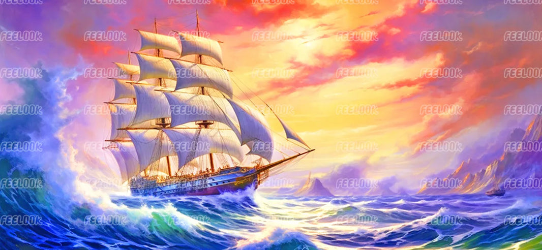 Clipper Ship diamond painting kit with full drill round diamonds showing a sailing vessel on rough ocean waves.
